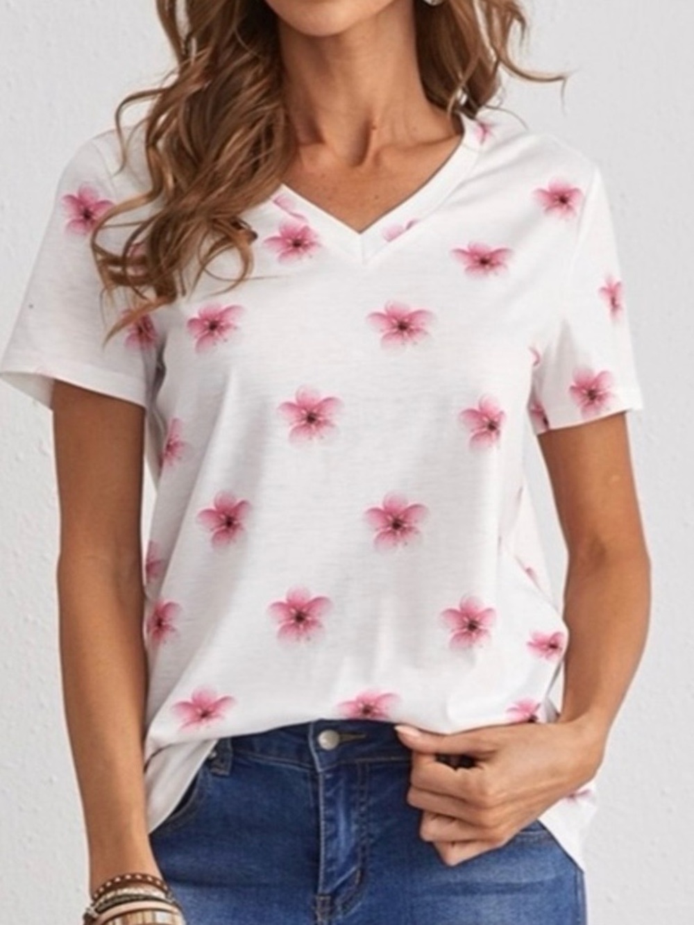 White V-Neck Floral Tee with Pink Blossoms Medium